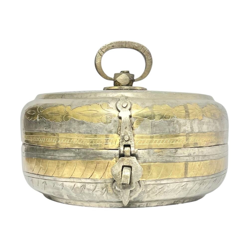 Vintage Silver & Brass Tone Engraved Handmade Round Chapati Bread Box 8 3/4”